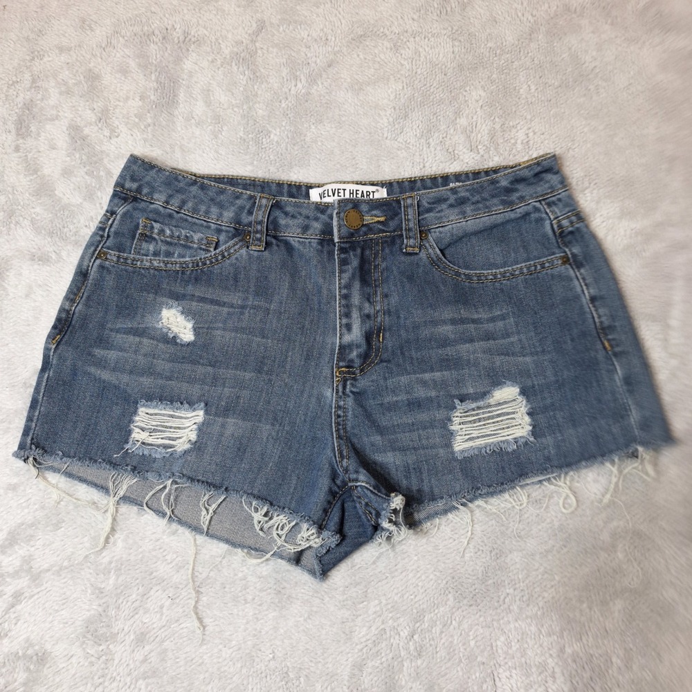 Velvet Heart Paris Relaxed Denim Shorts Women's 26 Blue Distressed Frayed Hem